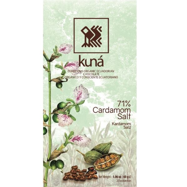 chocolate bar with cardamom and sea salt. spicy thanks to the spices and rich natural taste of dark chocolate with 71% cocoa from Ecuador